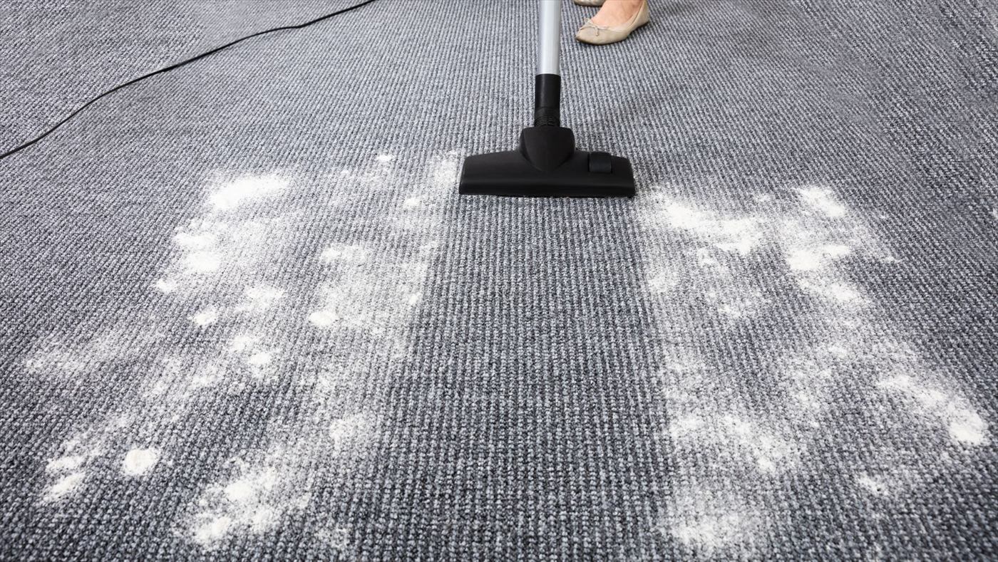A cleaner vacuuming a bright living room